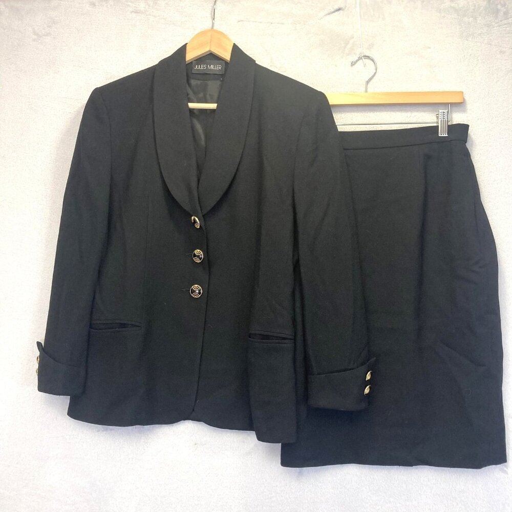 Jules Miller Vintage 90s Black Wool‎ Skirt Suit Set Womens 10 Quiet Luxury USA